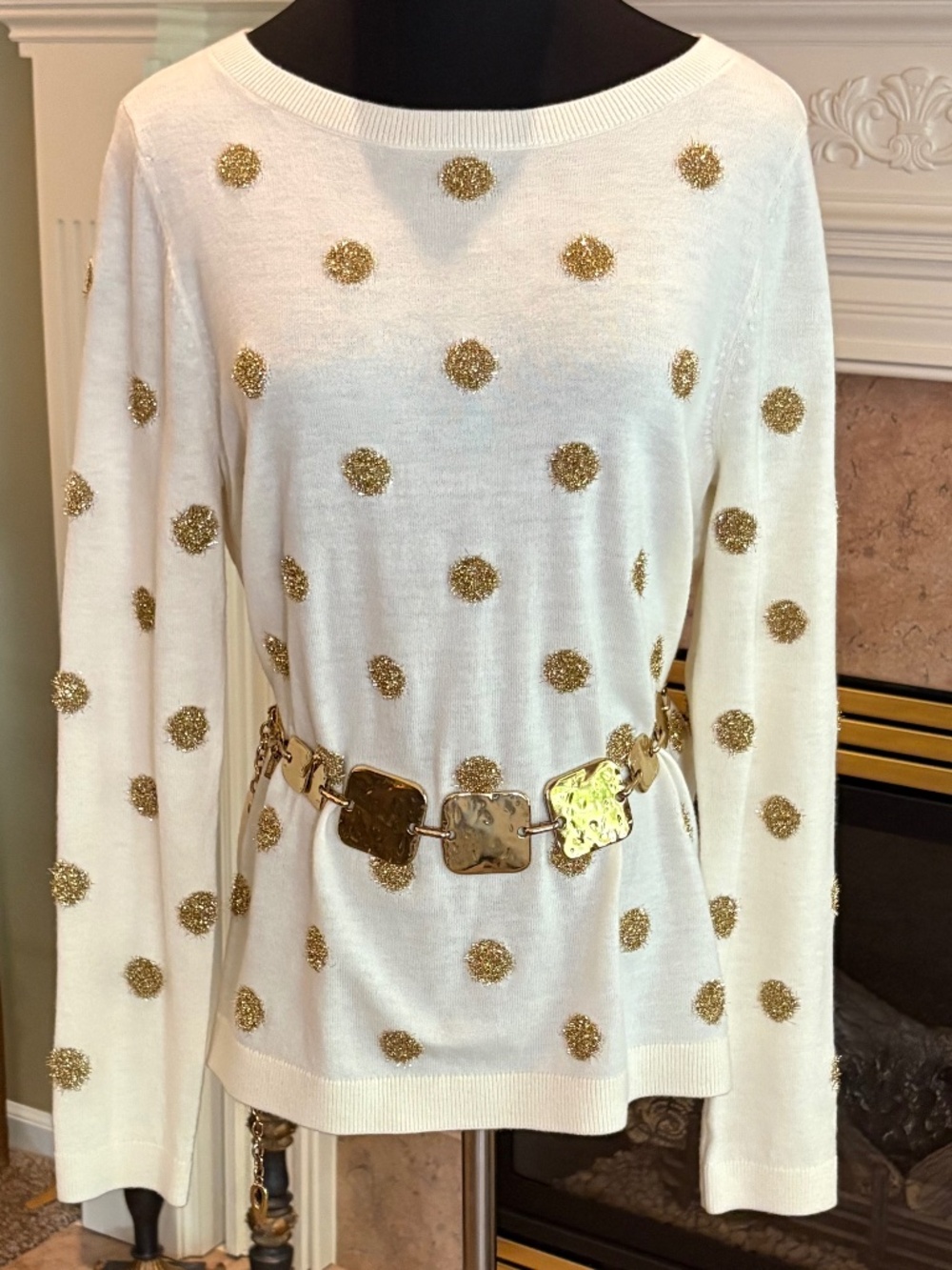 TALBOTS Cream Colored Sweater with Gold Decorative Dots Long Sleeved Size M